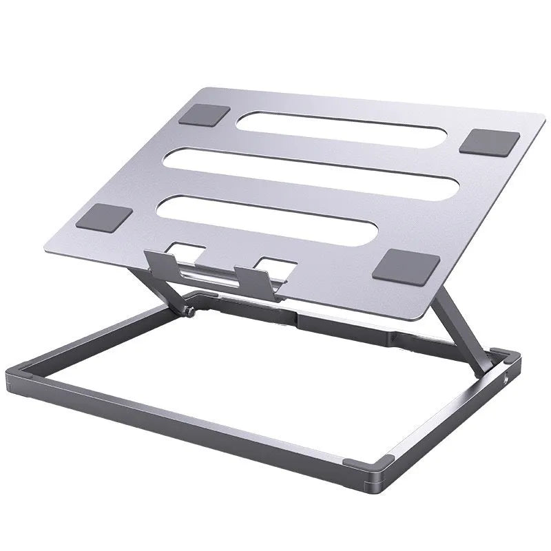 Aluminium alloy folding laptop cooling rack showing its size and riser design