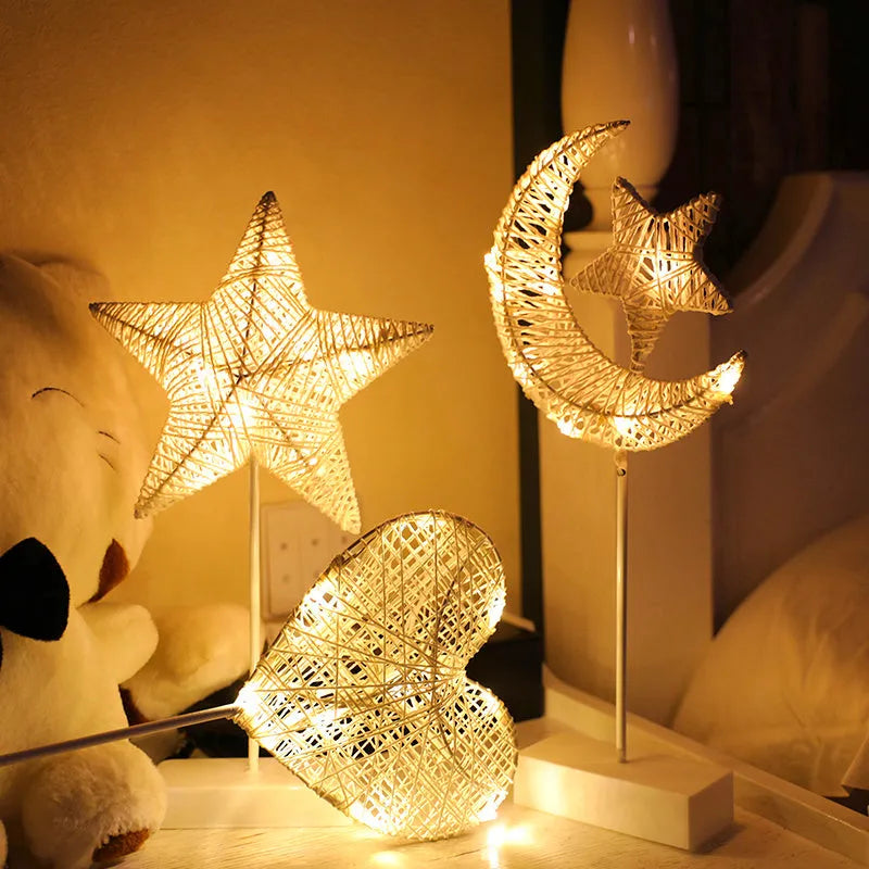 Rattan and PC LED star table lamp with battery operation for bedroom decoration
