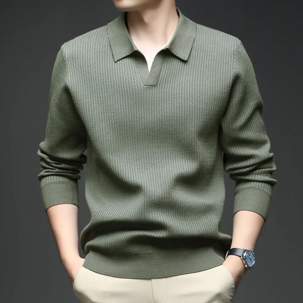 Men's loose fit pullover sweater in green colour shown on model for autumn casual wear