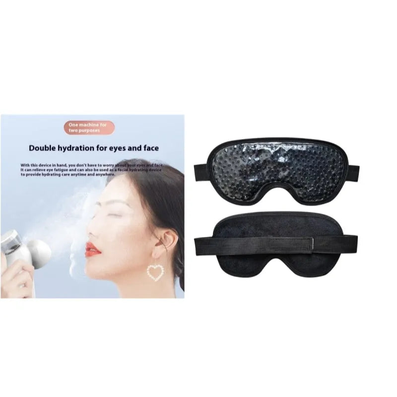 White portable rechargeable eye compress device with included eye mask on a grey background
