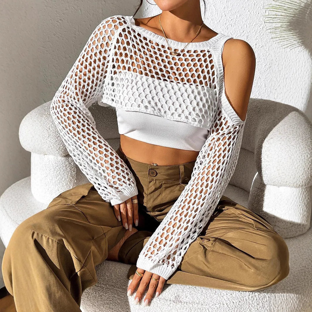 Mesh beach shirt with a hollowed navel section shown in multiple colour options.