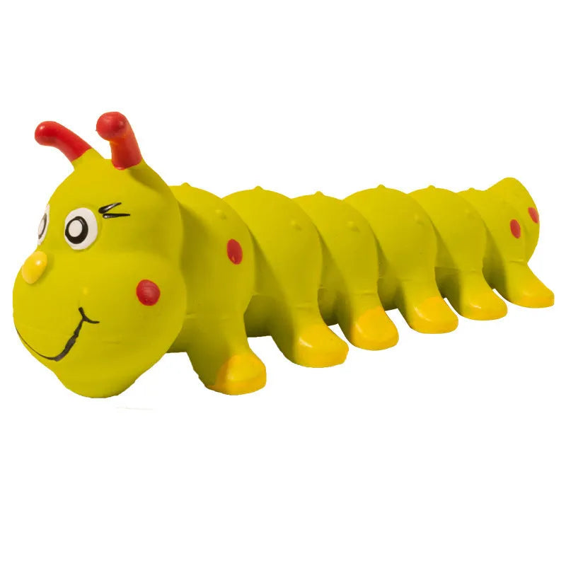 Yellow caterpillar-shaped rubber dog toy with squeaker for small and medium breeds