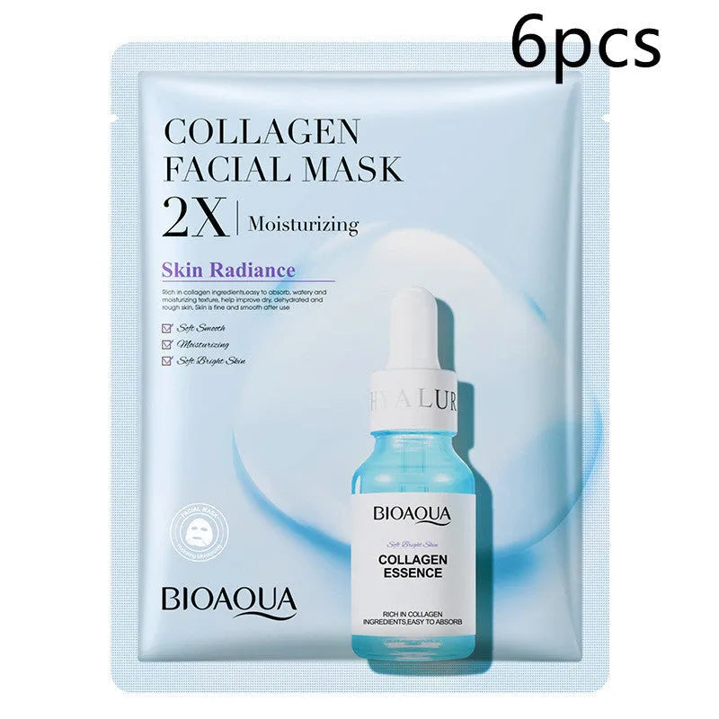 Single 30g collagen and hyaluronic acid gel sheet facial mask on a blue background.