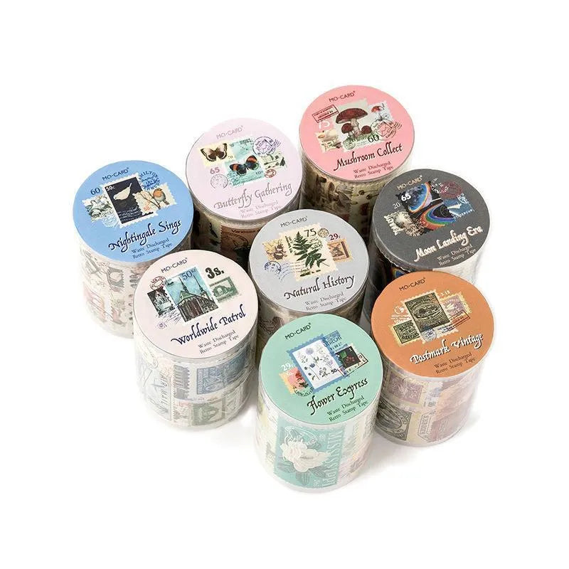 Roll of retro-patterned coated paper stamp for journal decoration, showing butterfly, forest, bird and mushroom design options.