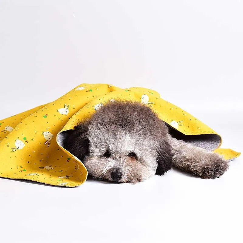 Double-sided cotton velvet pet blanket with dinosaur and cartoon bear prints in various sizes.