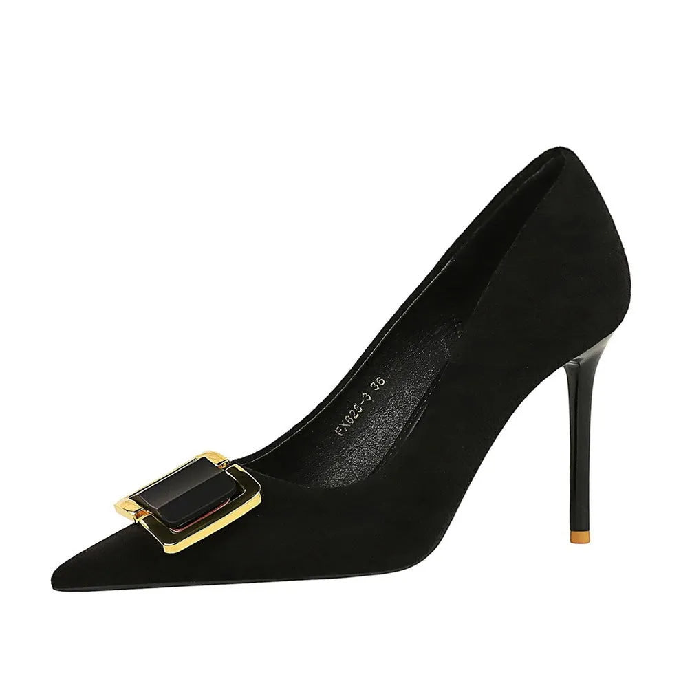 Black suede women's stiletto heels with 9cm heel and pointed toe