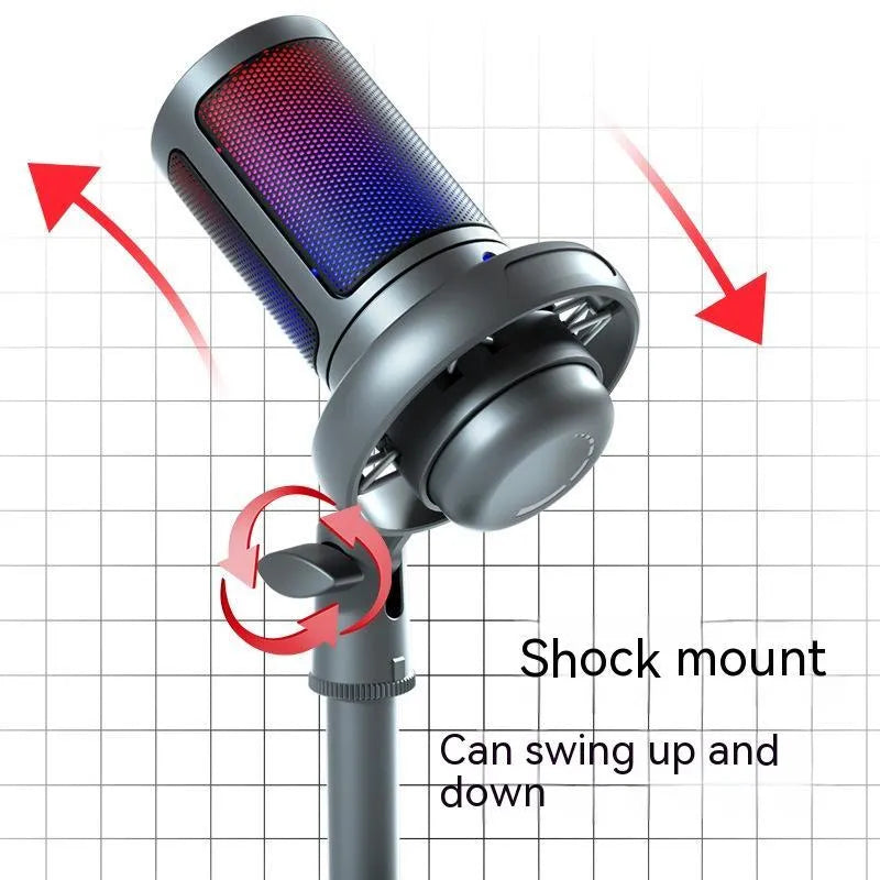 Condenser microphone with RGB lighting in black, white, or pink colours for computer recording and streaming
