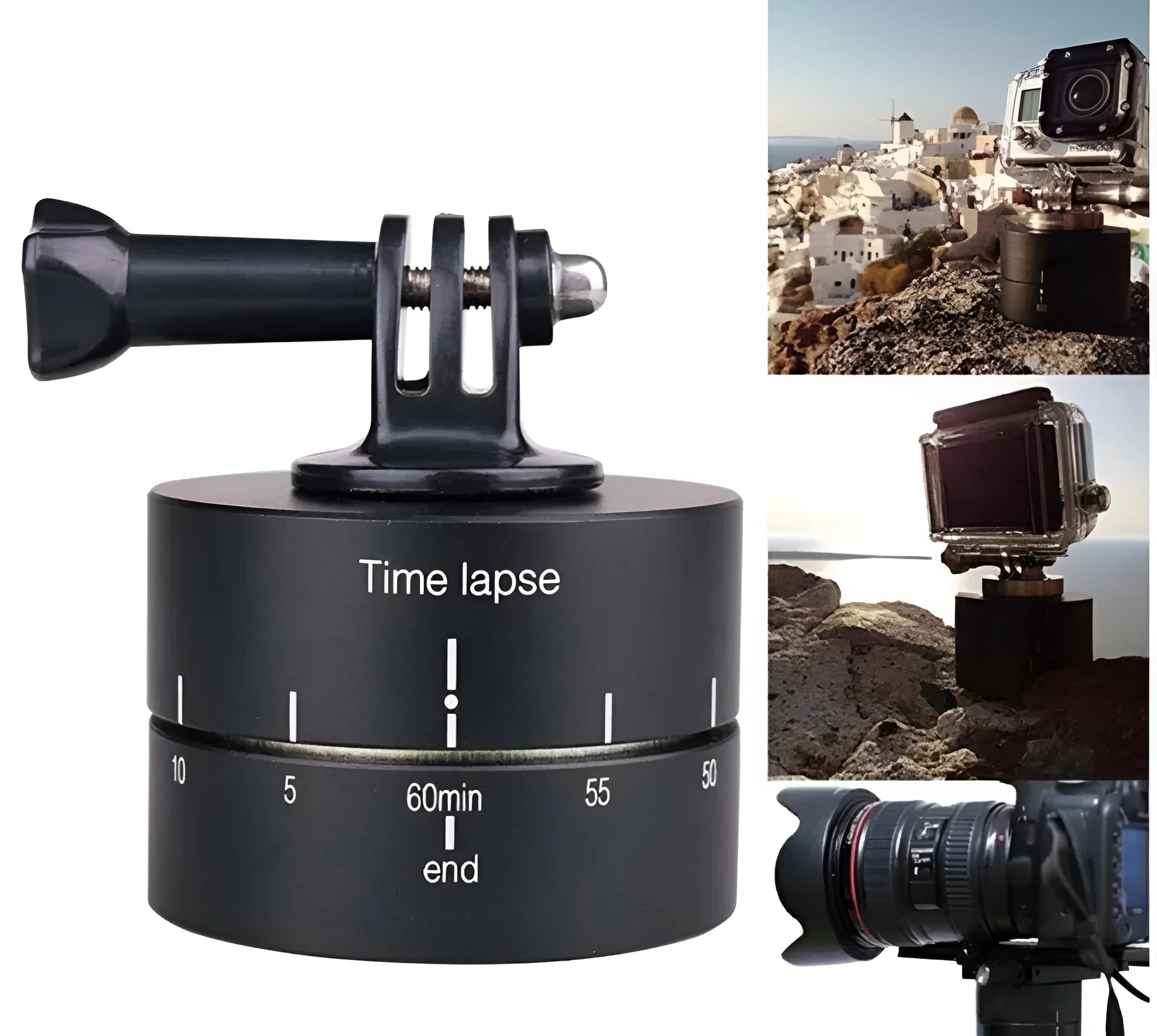 360-degree auto rotate camera tripod head base compatible with GoPro, SLR, and iPhone.