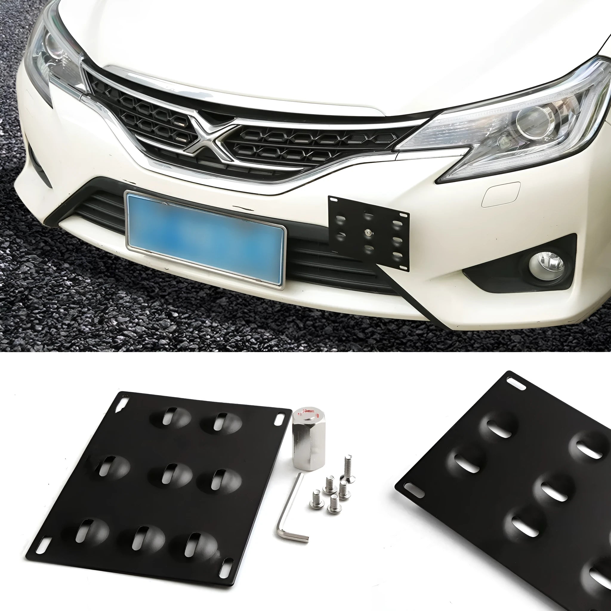 Metal American licence plate frame with integrated trailer hook for car modification, 21x10 cm.