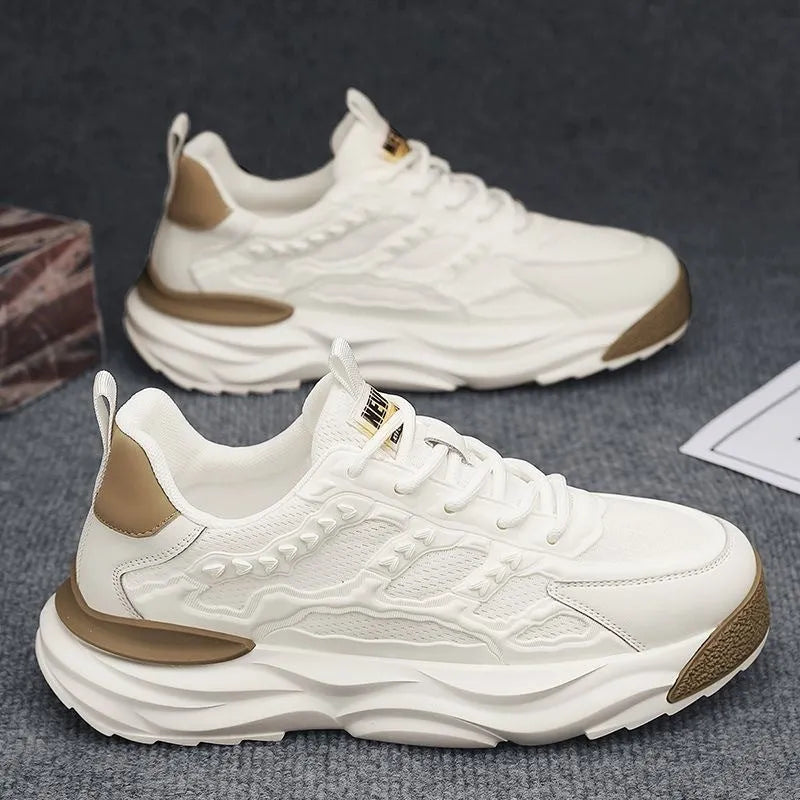 Men's solid colour trainer shoes with PU mesh upper in white or black on a plain background