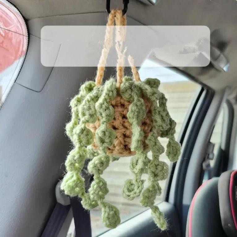 Green and white knitted wool car plant decoration with 25cm hanging rope