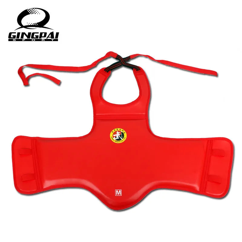 Red one-piece boxing helmet and chest protector training gear