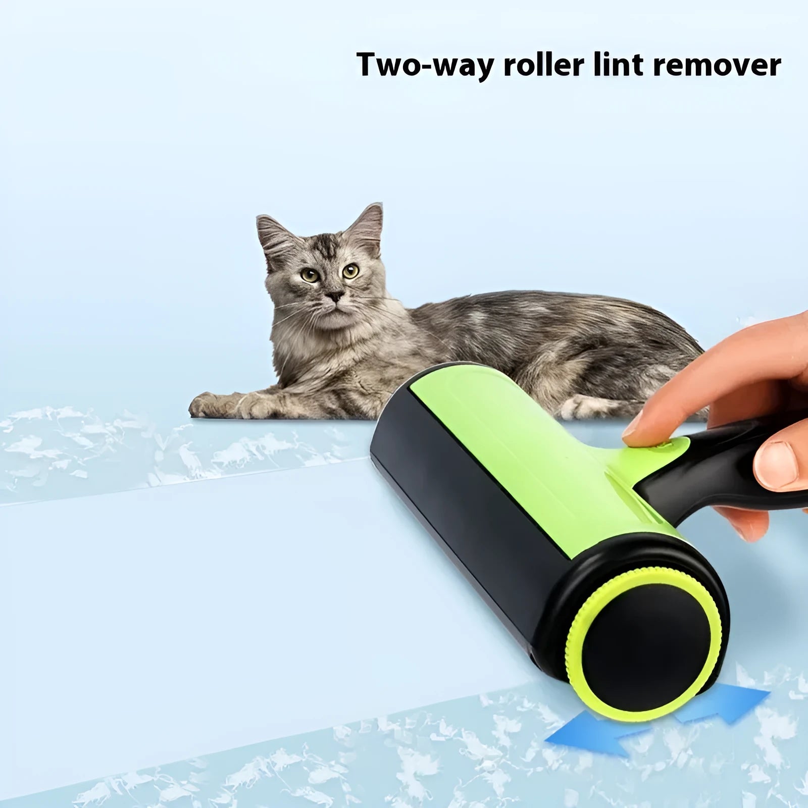 Green manual pet hair lint roller with sticky brush on ABS plastic handle.