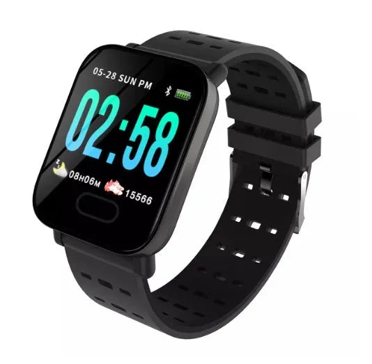 A6 colour screen smart bracelet with black silicone strap on a wrist, showing fitness data display.
