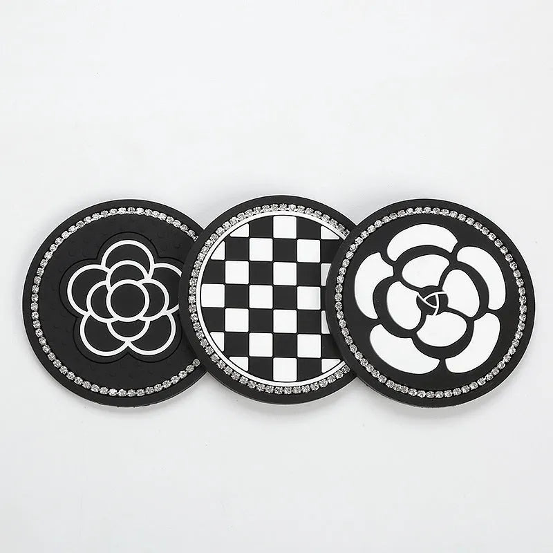 PVC car cup holder mat with non-slip base in black and white checkerboard pattern