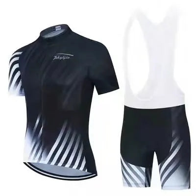 Men's and women's blue cycling jersey and black shorts set for summer biking