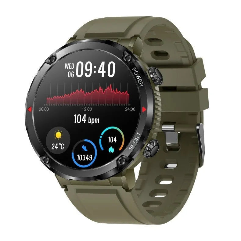 T30 smart watch with circular IPS screen on a silicone strap, showing health metrics and call interface.