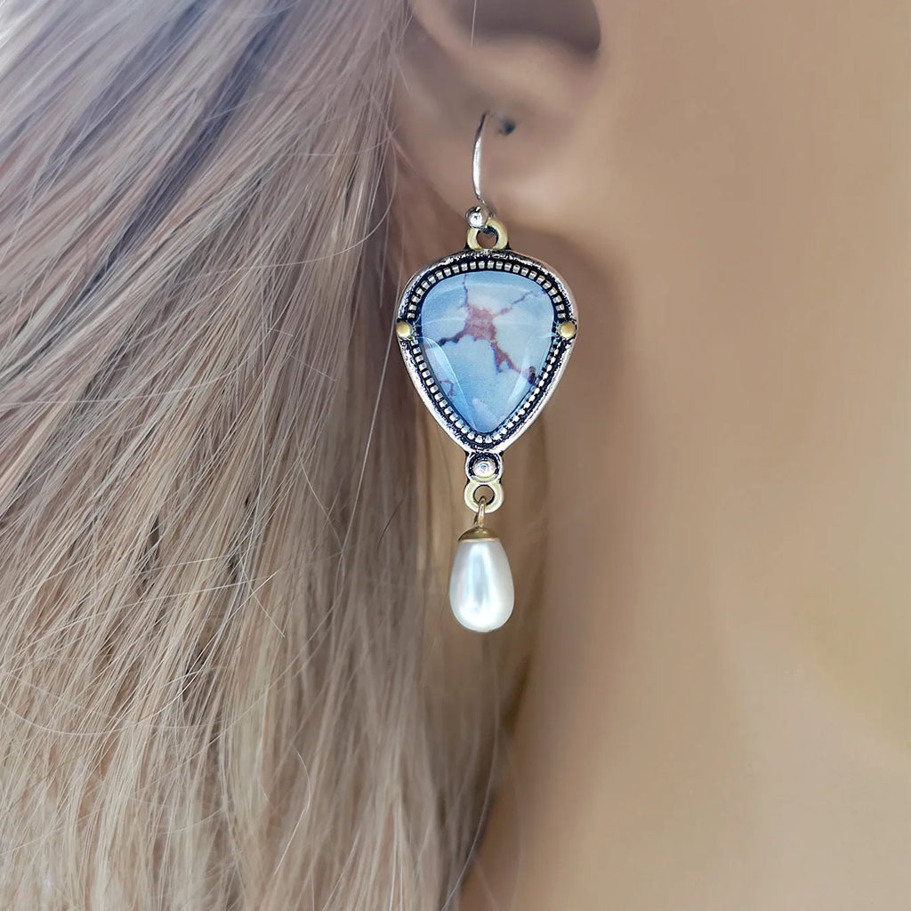 Retro blue geometric drop earrings with synthetic opal and pearl details