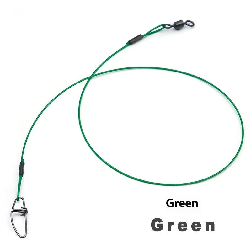 54cm green anti-bite fishing steel wire with a double buckle pin on a blue background.