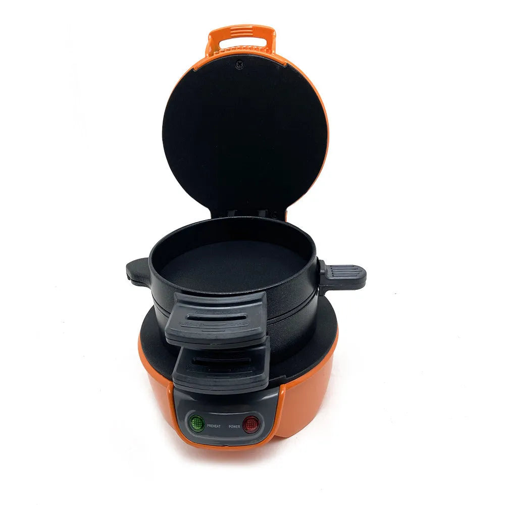 Breakfast sandwich maker with egg cooker ring in red orange or grey with two baking trays