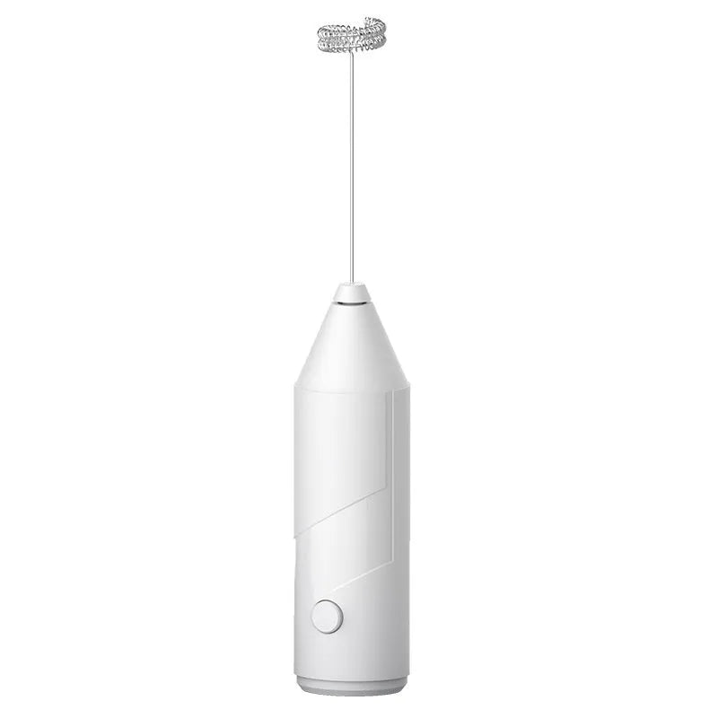 USB rechargeable handheld electric milk frother in black, white and khaki colours
