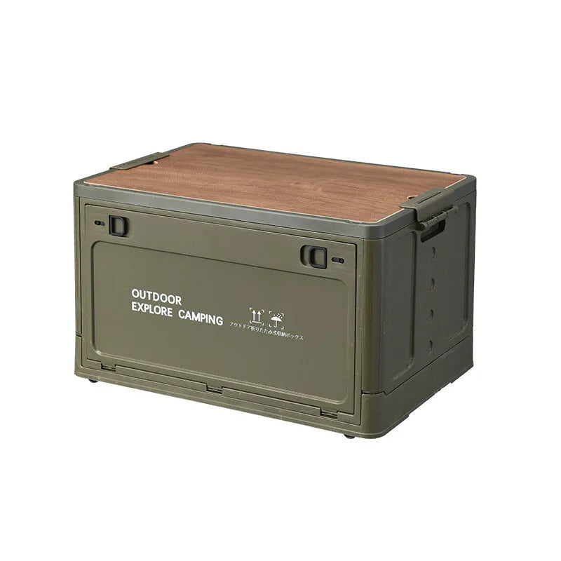 Foldable plastic storage box with wooden lid in nordic green colour