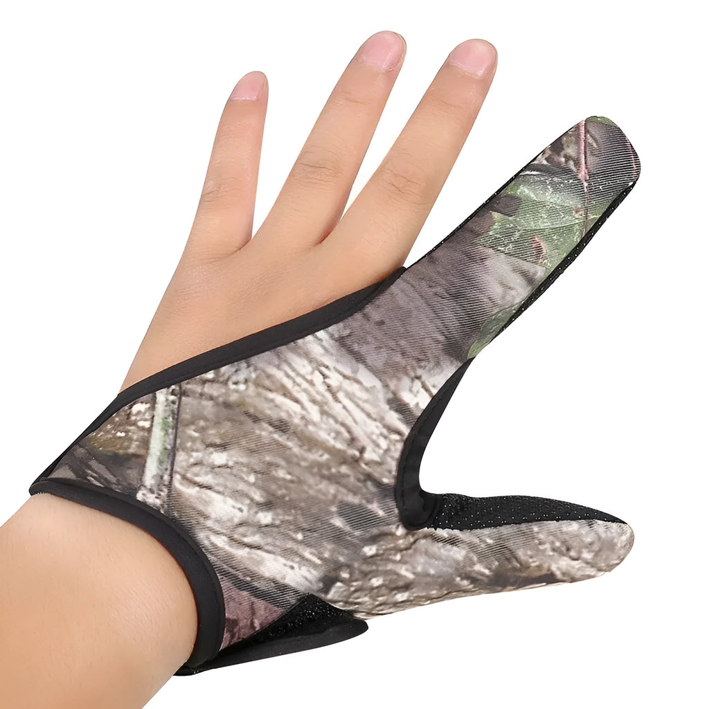Two finger fishing glove in camouflage colour showing diving cloth back and microfiber palm material.