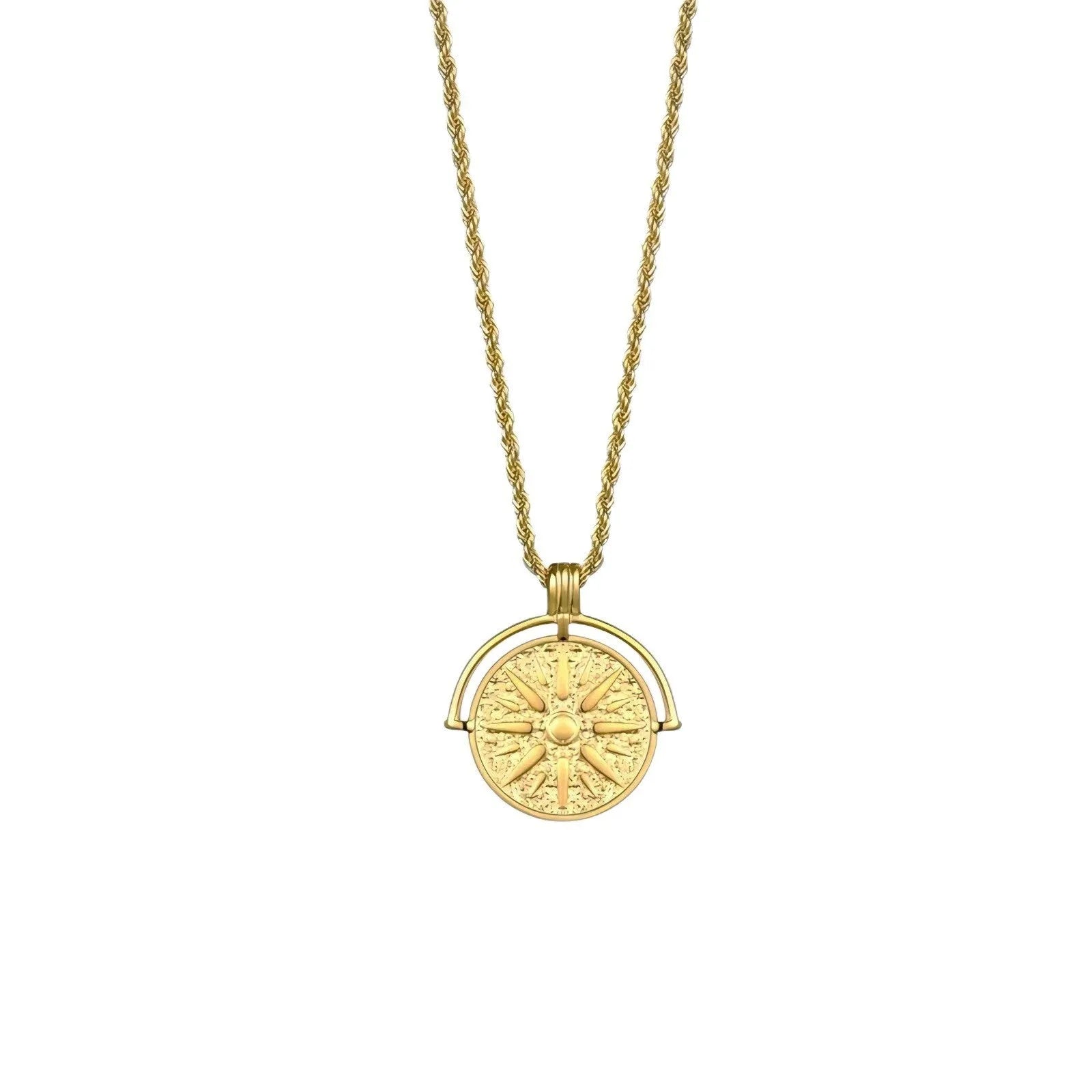 Stainless steel necklace with round embossed sunflower pendant featuring six-pointed stars on adjustable chain