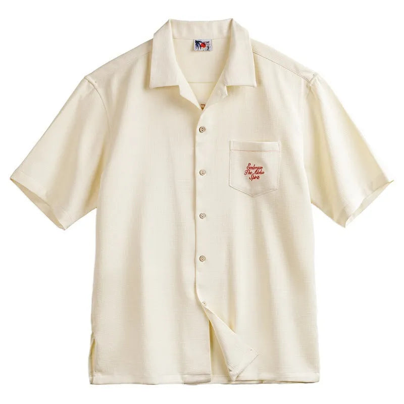 Men's light apricot Cuban collar shirt with bamboo and floral pattern detail