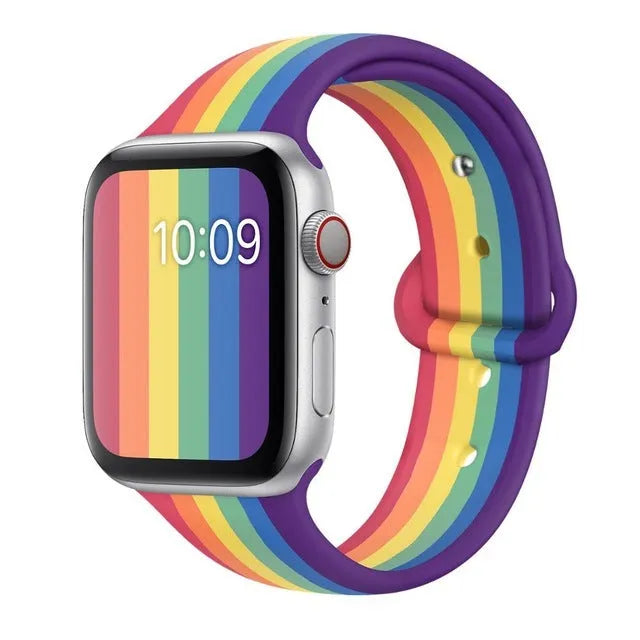 Silicone sports wristband strap with single buckle in black, rainbow, and white colour options showing 38x40mm and 42x44mm sizes