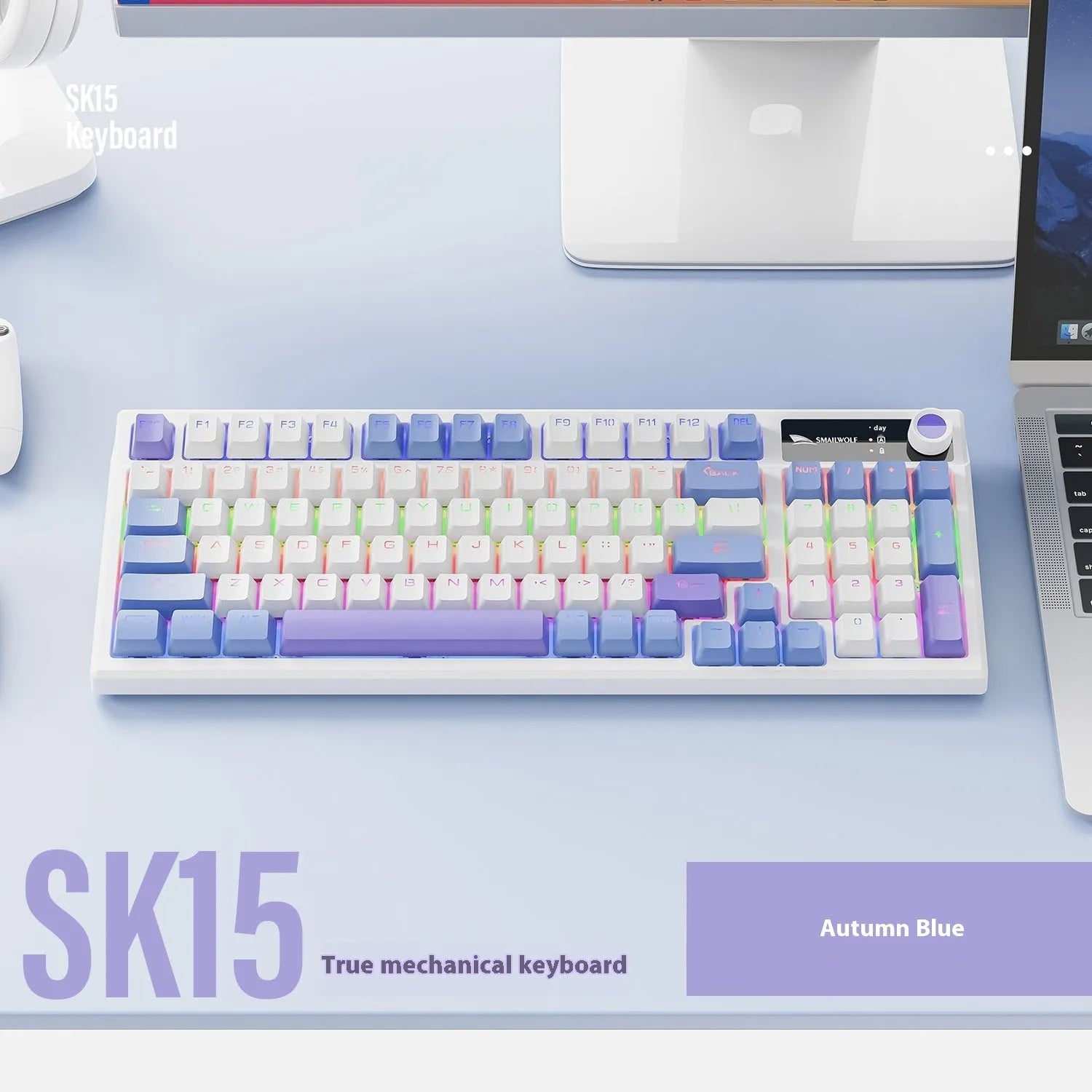 SK15 wired mechanical keyboard for laptops in autumn water blue, black or sunset orange colours