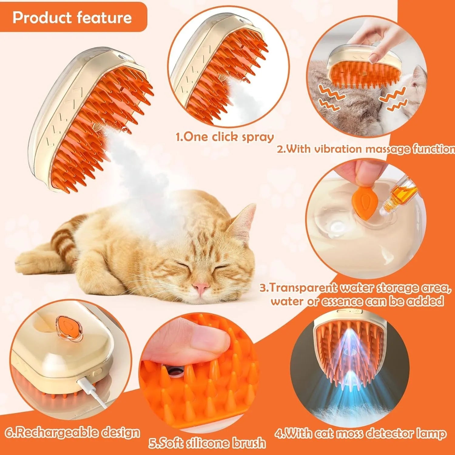 Yellow 4-in-1 cat steam brush with silicone teeth, water tank, and ringworm detector lamp.