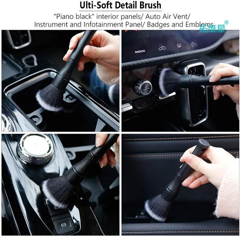 Black car detailing brush with super soft pig hair bristles for interior cleaning in two available sizes
