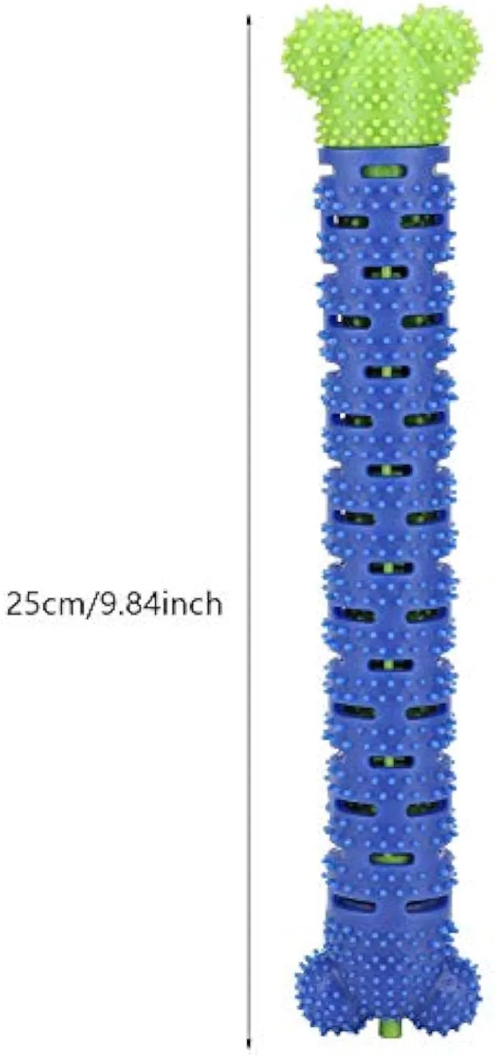 Blue green dog dental chew toy with serrated brush head design for tooth cleaning, 25cm length