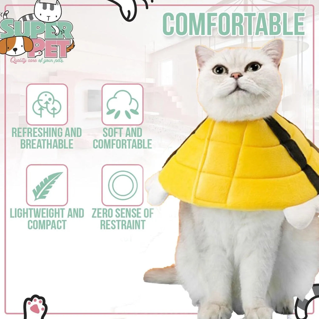 Soft cat cone collar with bee design showing adjustable velcro closure in pet recovery setting