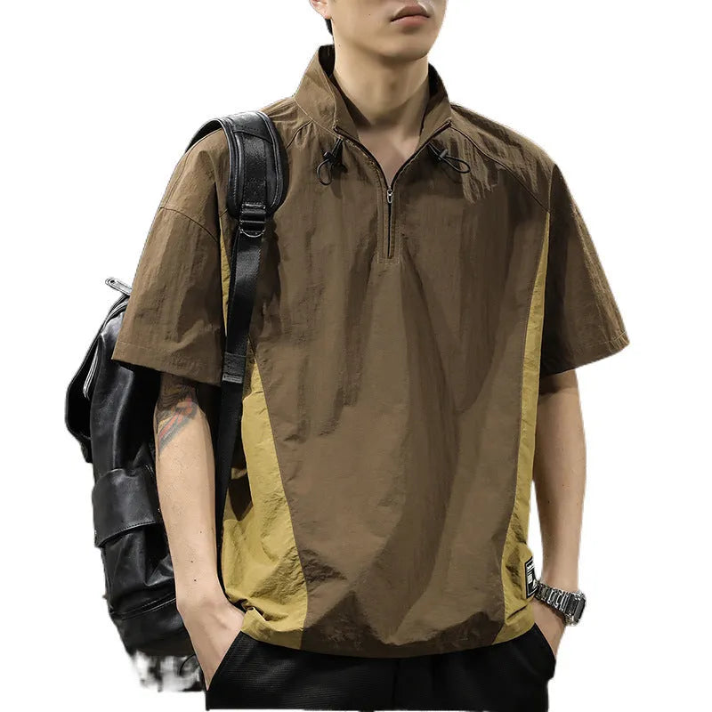 Brown men's casual business shirt with a half-zipped stand collar and short sleeves.