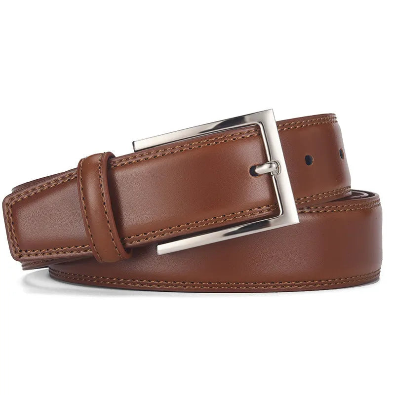 Men's genuine leather belt with alloy pin buckle in classic black showing length measurement and two-layer cowhide construction