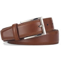 Men's genuine leather belt with alloy pin buckle in classic black showing length measurement and two-layer cowhide construction