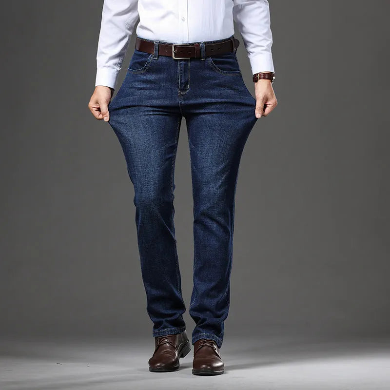 Loose fit straight-leg stretch jeans in black and blue denim for plus sizes