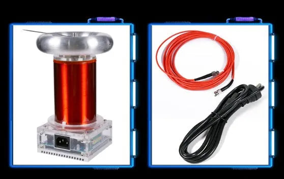 Arc extinguishing SSTC Tesla coil driver board with controller and connection cables on a dark surface.