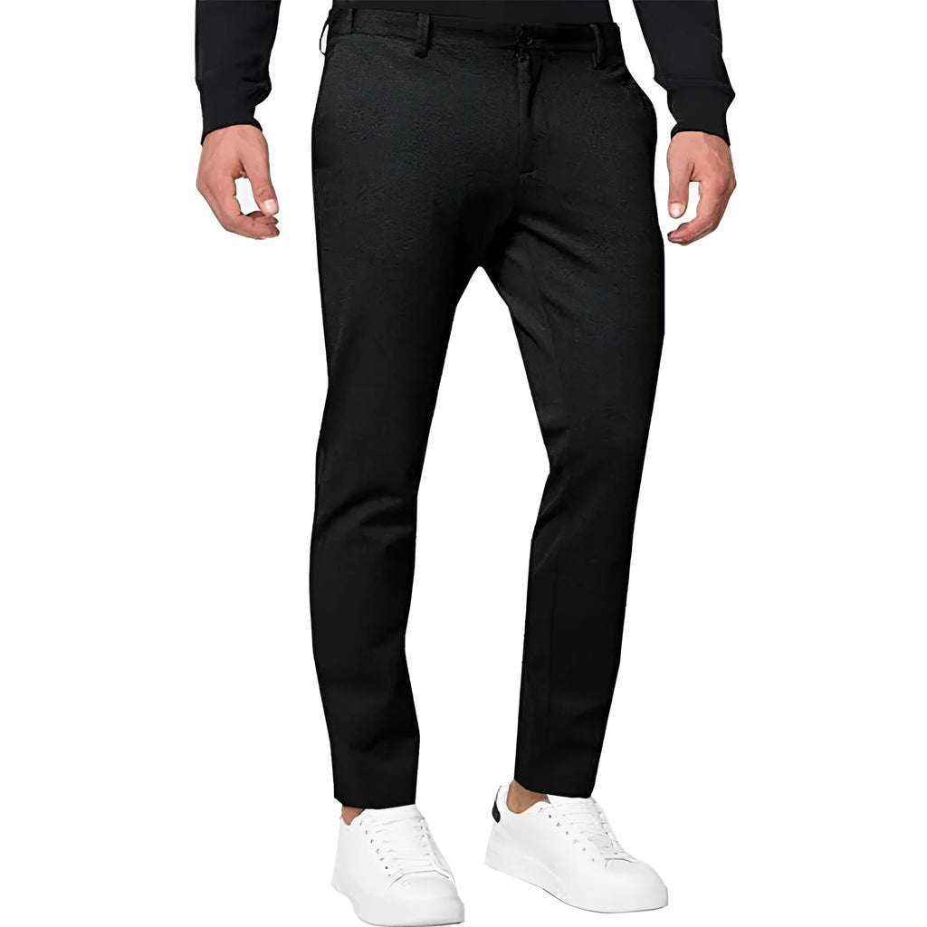 Men's slim-fit tapered chino trousers in cotton blend fabric showing five colour options
