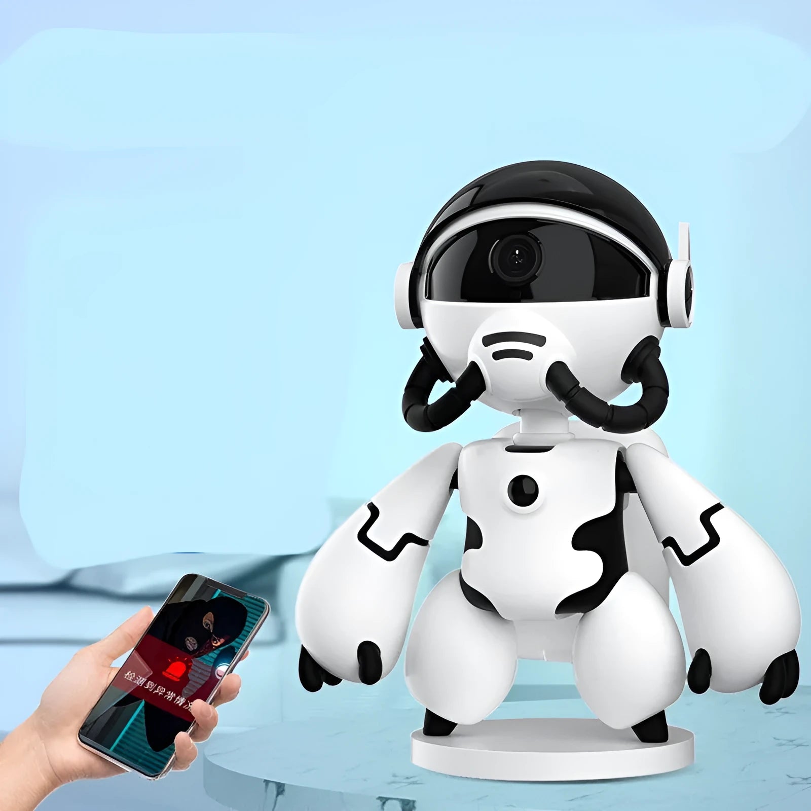 Black or white indoor WiFi security camera with a wide-angle lens on a detachable base.