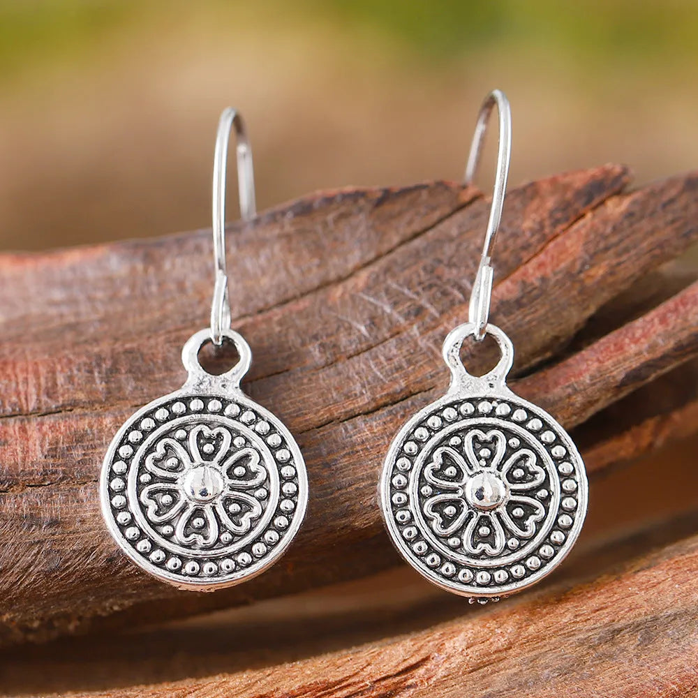 Round geometric retro earrings with distressed bohemian ethnic style in electroplated zinc alloy