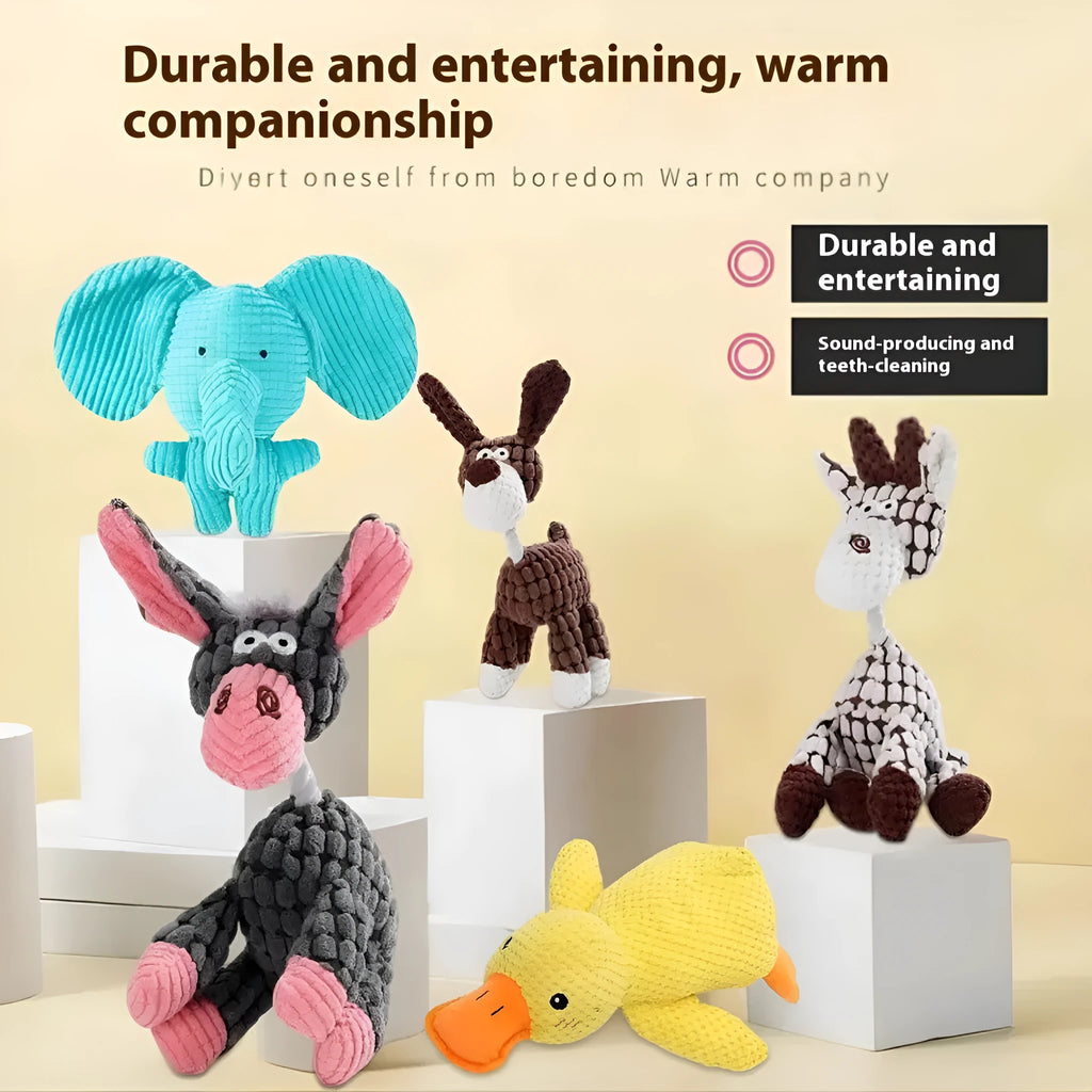 Bite-resistant puppy plush toy collection showing rechargeable duck, donkey, elephant, and dog styles