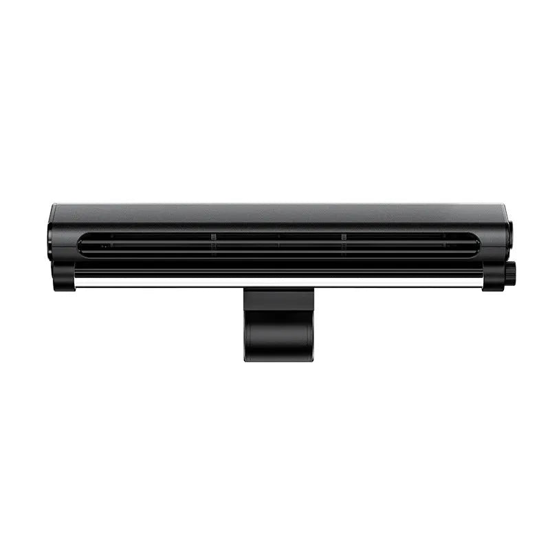 Black bladeless USB laptop cooling fan with integrated eye-protection lamp clipped to computer screen
