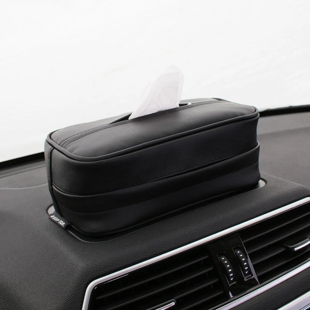 Black PU leather car hanging storage organiser bag shown with documents inside