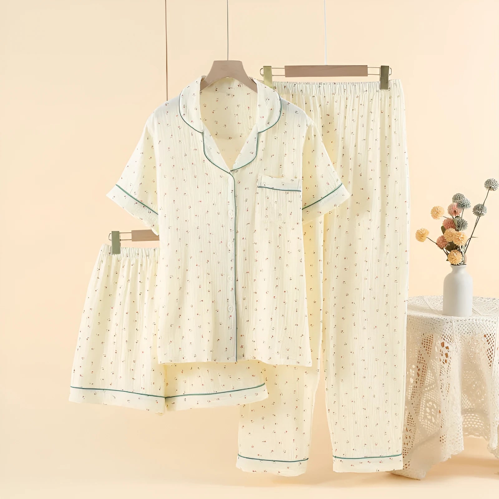 Women's three-piece cotton pyjama set in garden gold colour with three-quarter sleeve lapel top