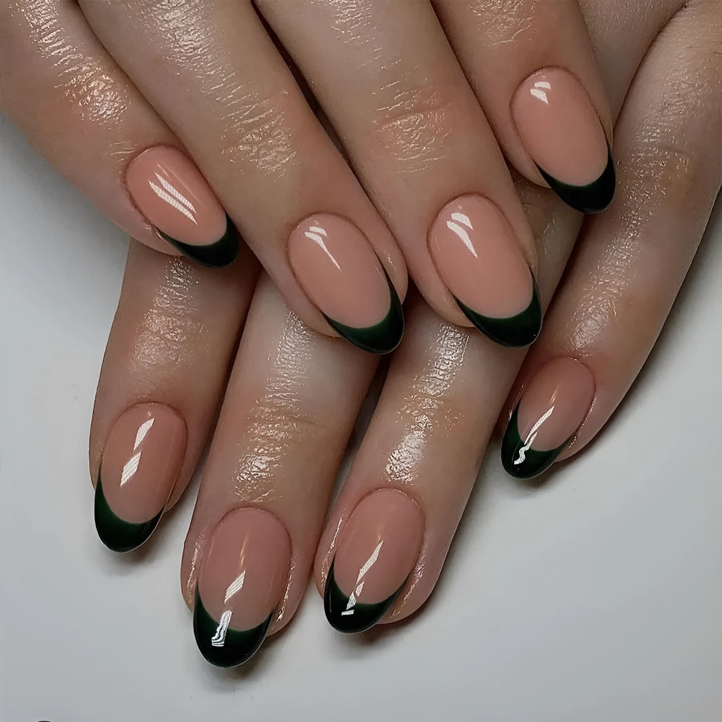 24 black French style nail art pieces with short Almond shape on white background