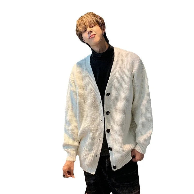 Men's loose fit V-neck cardigan sweater in army green, made from a cotton blend fabric.