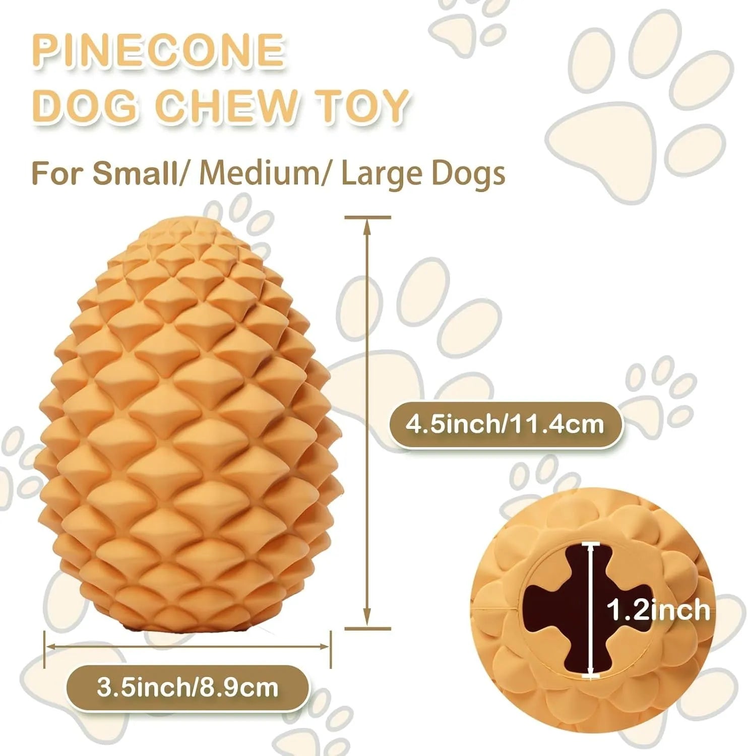 Yellow pine cone shaped natural rubber dog chew toy with treat dispenser for large breeds
